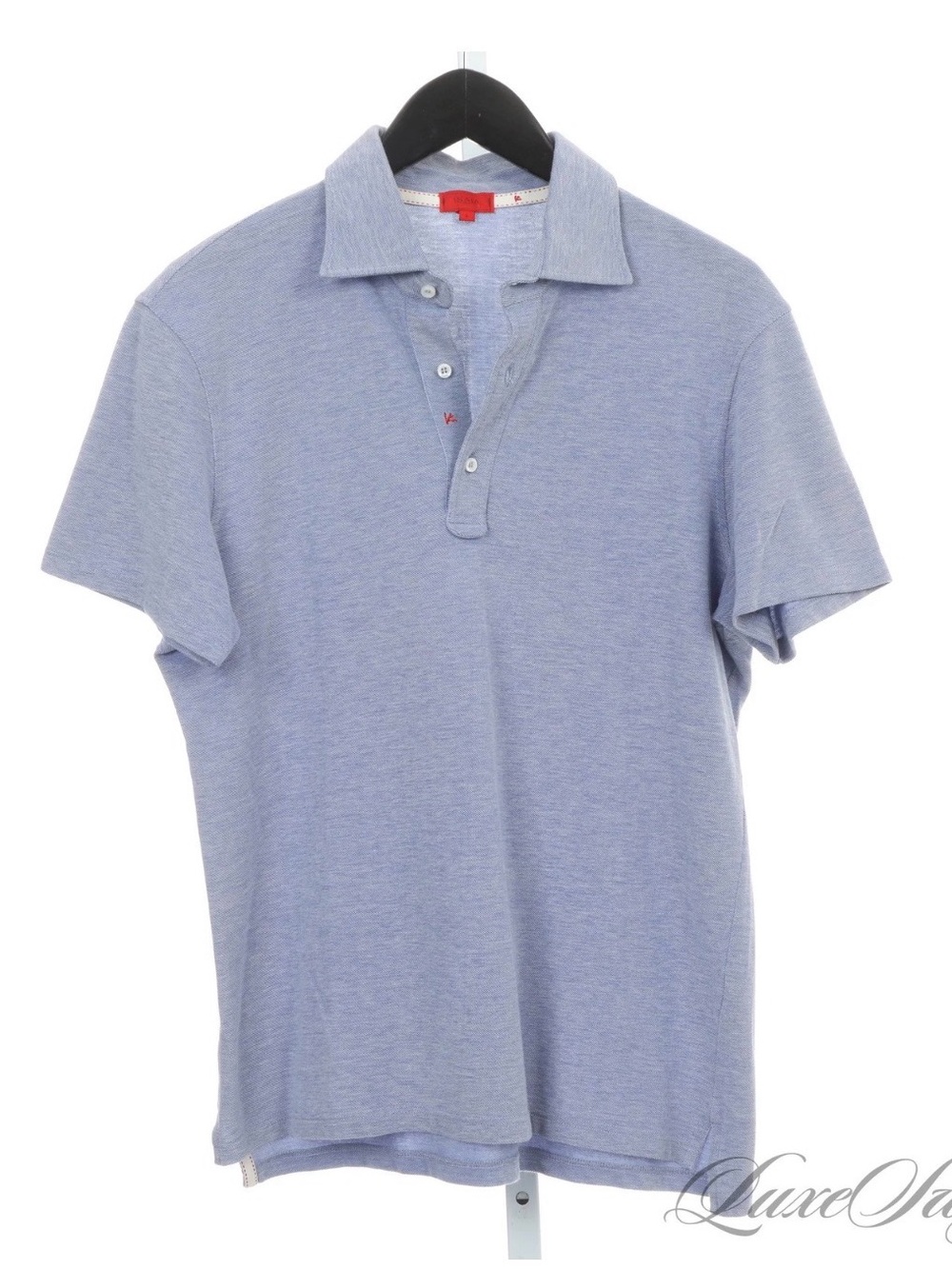Isaia Light Blue Heather Polo with Red coral accent